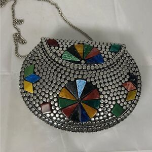 Contemporary Elegant Silver and Red Beaded Mosaic Clutch with Chain Strap